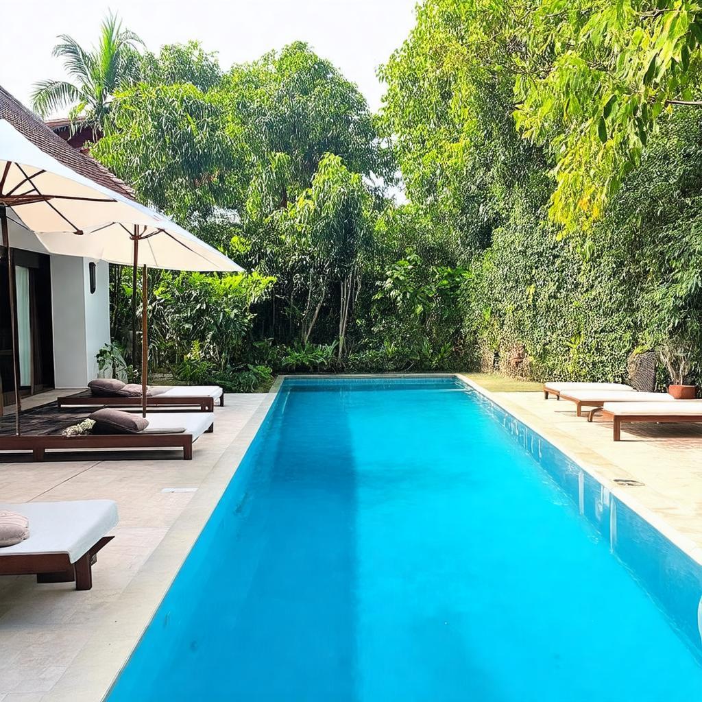 Hồ bơi ngoài trời xanh mát tại villa Hoi An, nơi du khách thư giãn sau khám phá