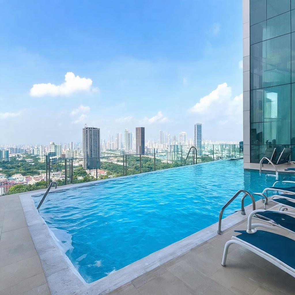 Hồ bơi vô cực trên sân thượng Khách Sạn Windsor Plaza Quận 5 với tầm nhìn toàn cảnh Sài Gòn.