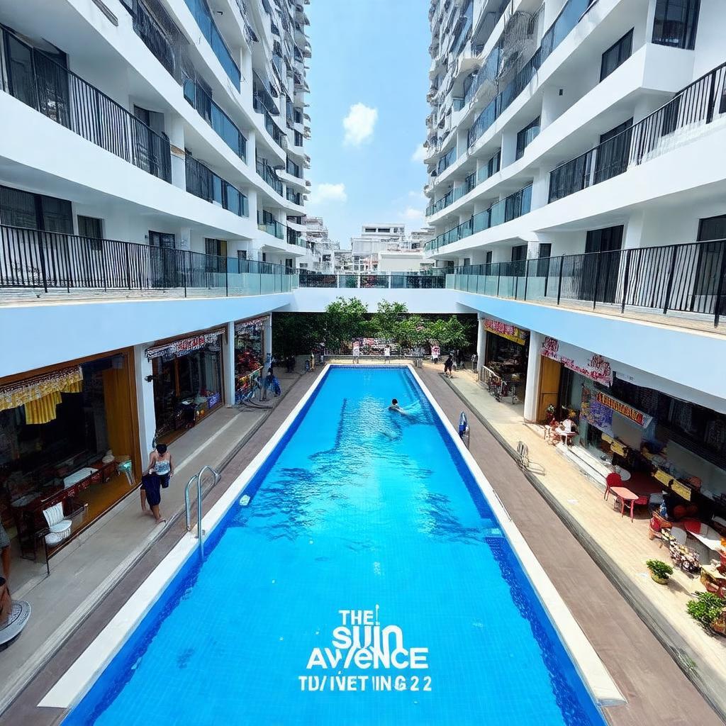Hồ bơi tràn bờ tầng 5 và khu thương mại dịch vụ sầm uất tại Chung cư The Sun Avenue Quận 2