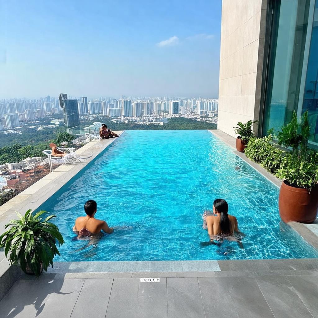 Hồ bơi tràn bờ hiện đại tại tầng 5 của Chung cư The Gold View, view thành phố.