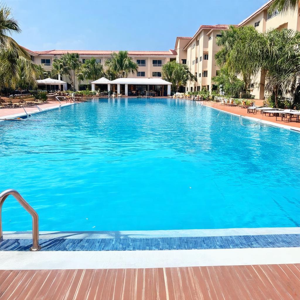 Hồ bơi lớn xanh mát của Ocean Star Resort, nằm giữa khuôn viên cây xanh, gần nhà hàng.