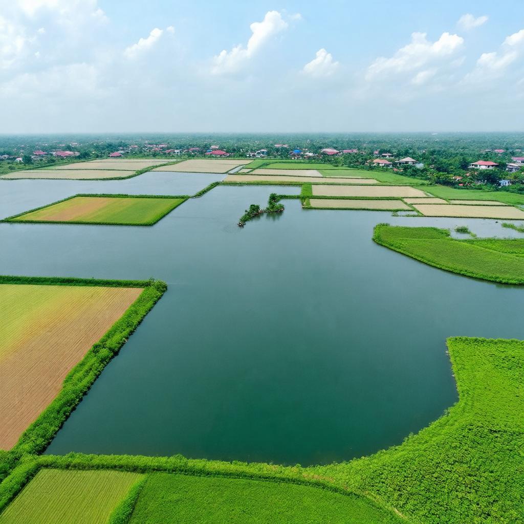 Hình ảnh Hồ câu Vực Hoàng tại xã Tân Trào, huyện Thanh Miện, Hải Dương nhìn từ trên cao, khung cảnh yên bình