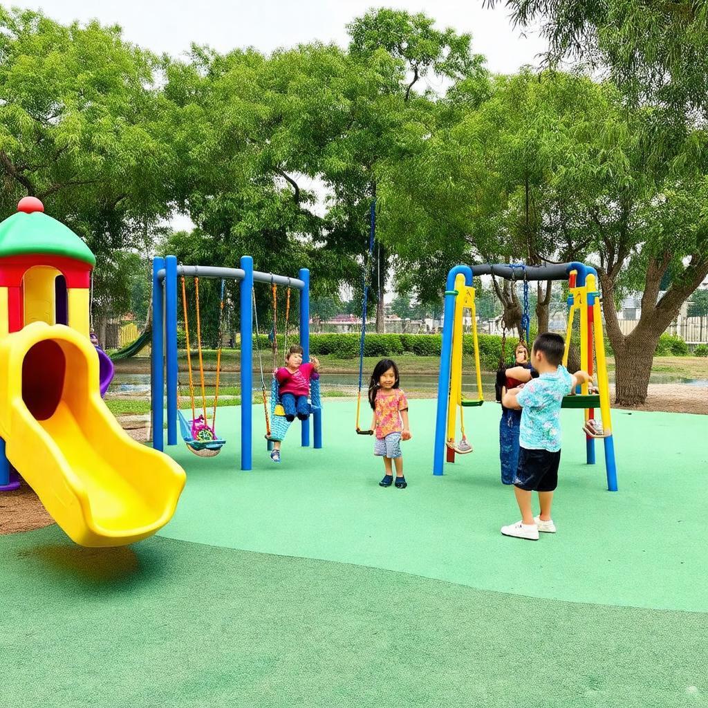 Khu vực công viên cạnh Hồ Đền Lừ Hoàng Mai Hà Nội với không gian xanh mát cho trẻ em và gia đình