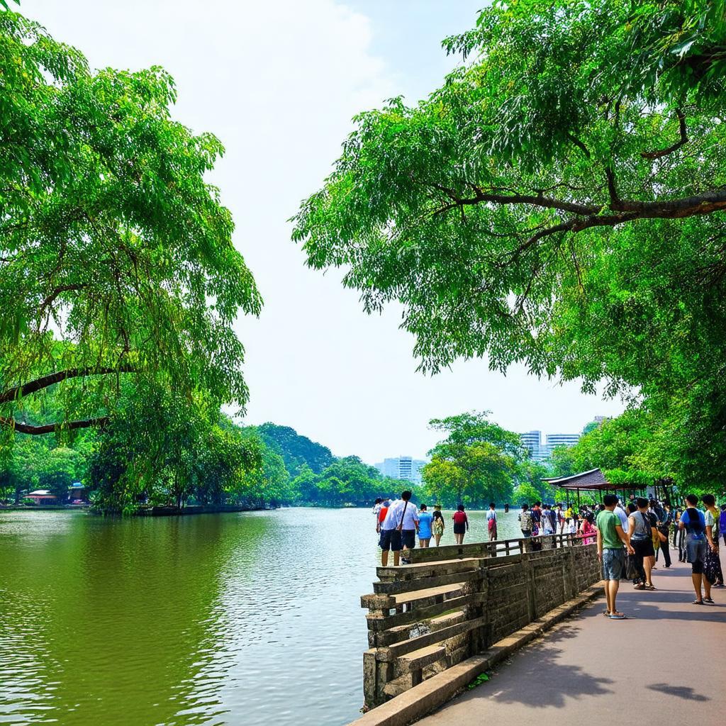 Toàn cảnh Hồ Đền Lừ Hoàng Mai Hà Nội với mặt nước yên ả và cây xanh rợp bóng mát cho người đi dạo