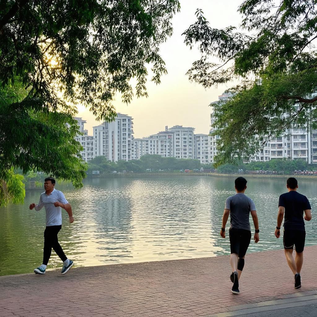 Khung cảnh yên bình hồ Xã Đàn buổi sáng sớm khu dân cư Nam Đồng Đống Đa Hà Nội