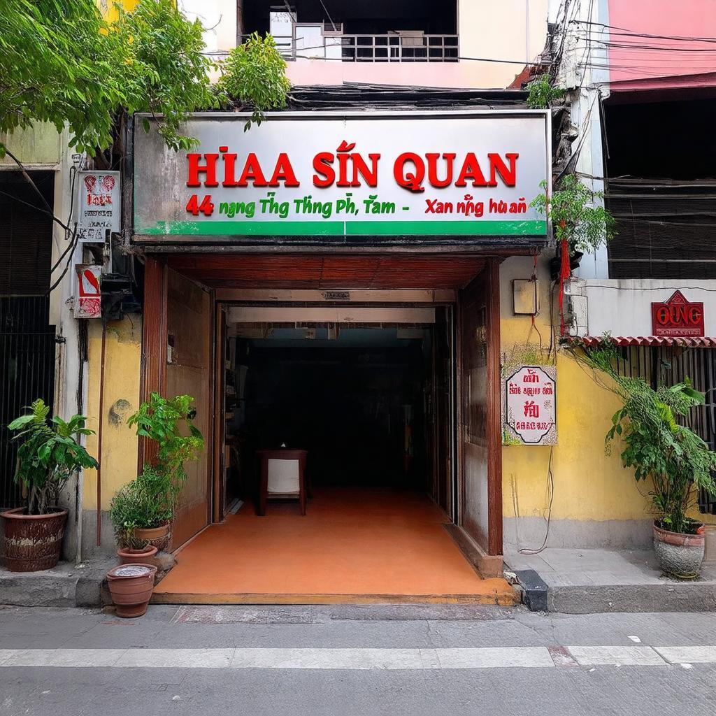 Ngoại cảnh quán Hòa Sơn tại địa chỉ 46 Đặng Thùy Trâm, Xuân Phú, Huế, thu hút thực khách.