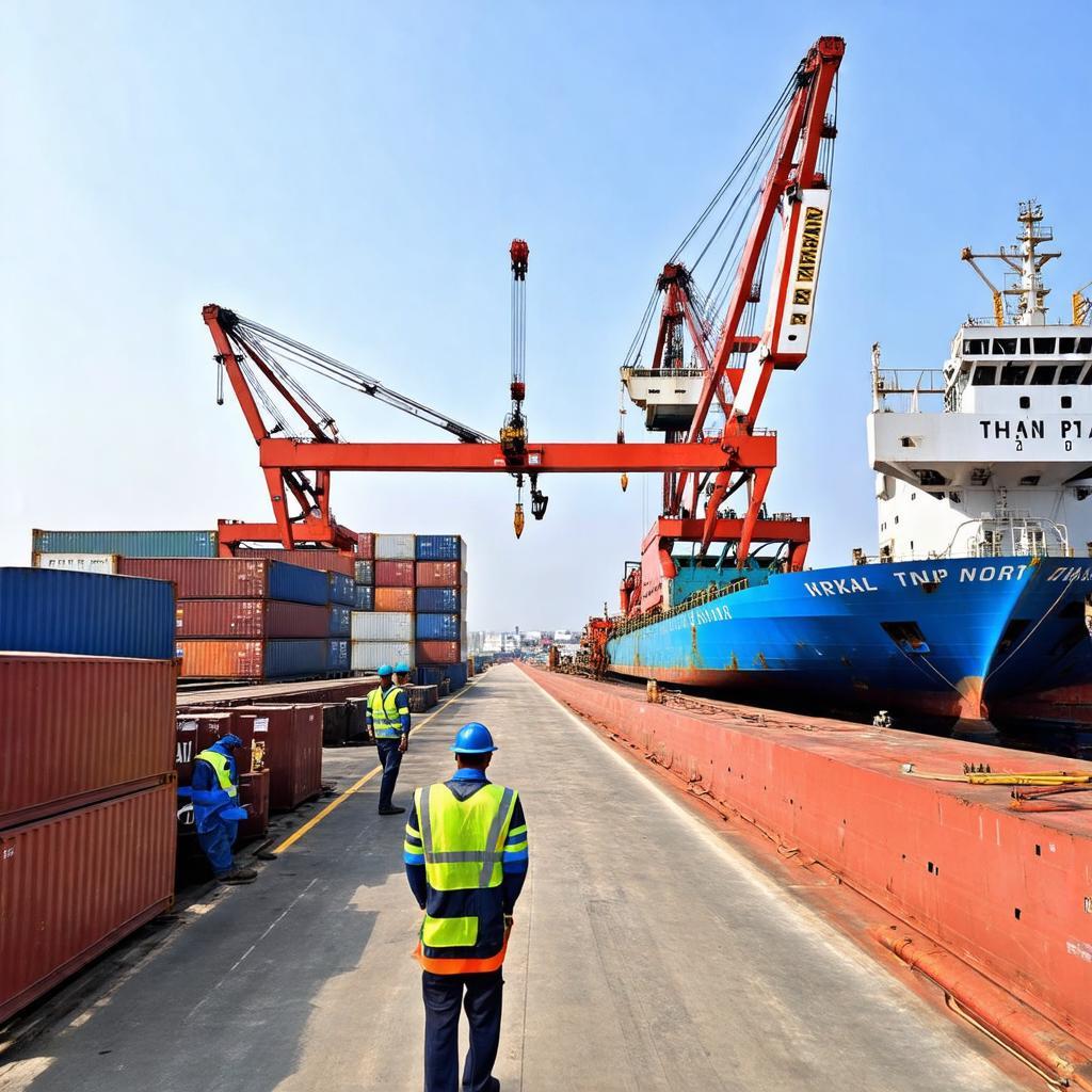Hoạt động xếp dỡ hàng hóa, container tại Cảng Thanh Tài, Cần Đước với cần cẩu và tàu sà lan.