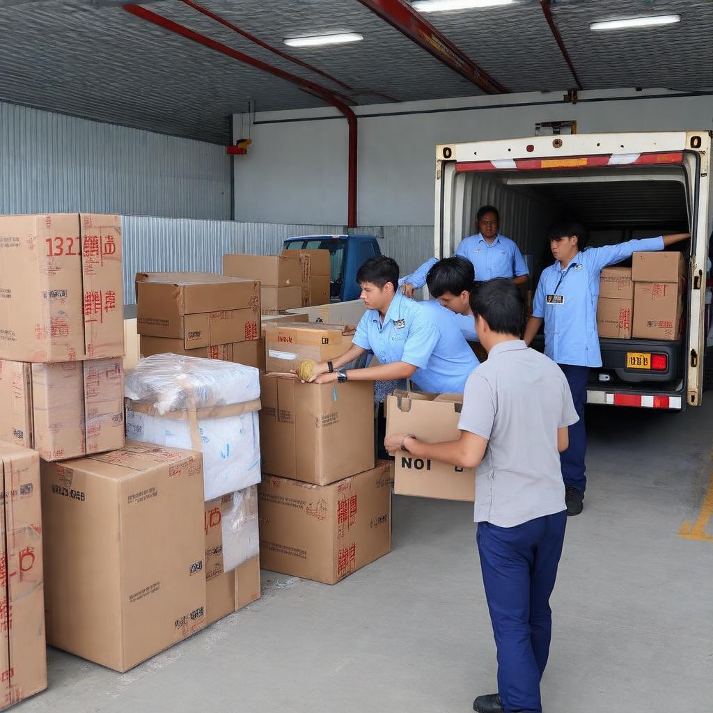Hoạt động tiếp nhận và bốc xếp hàng hóa tại chành xe Trung Thảo Quận 8.