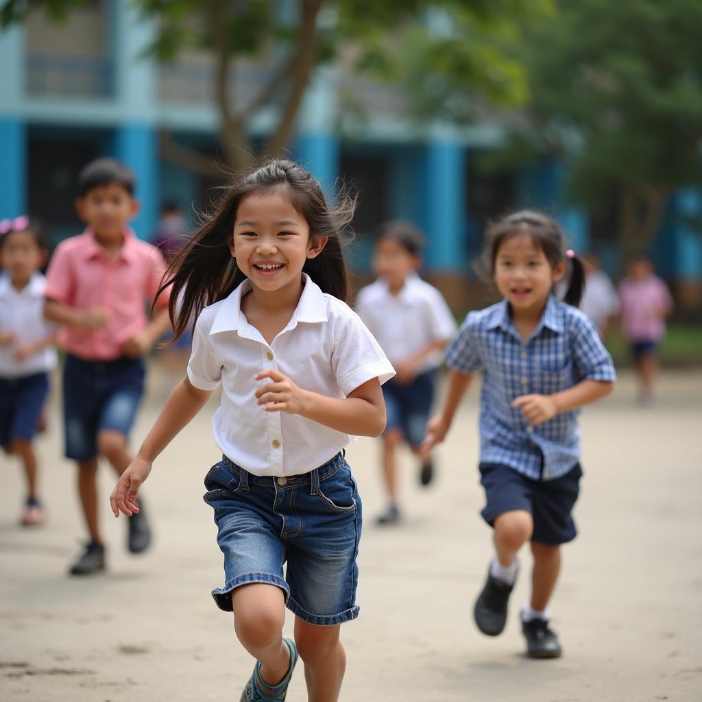 Học sinh vui chơi trên sân trường Trường Tiểu học Lê Công Phép giờ ra chơi.