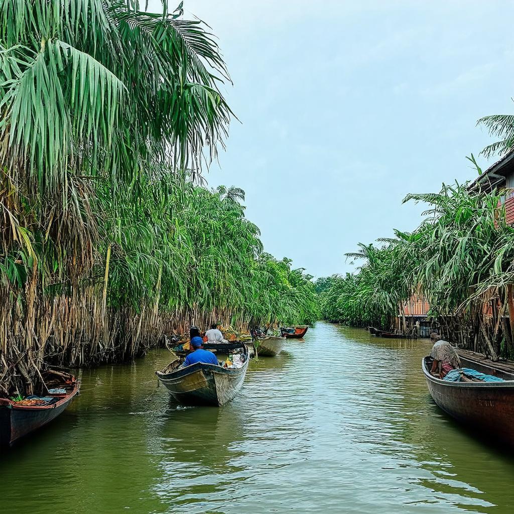 Kênh Xáng Rau Dừa với ghe xuồng, hàng dừa nước xanh, nhà sàn đơn sơ hai bên bờ