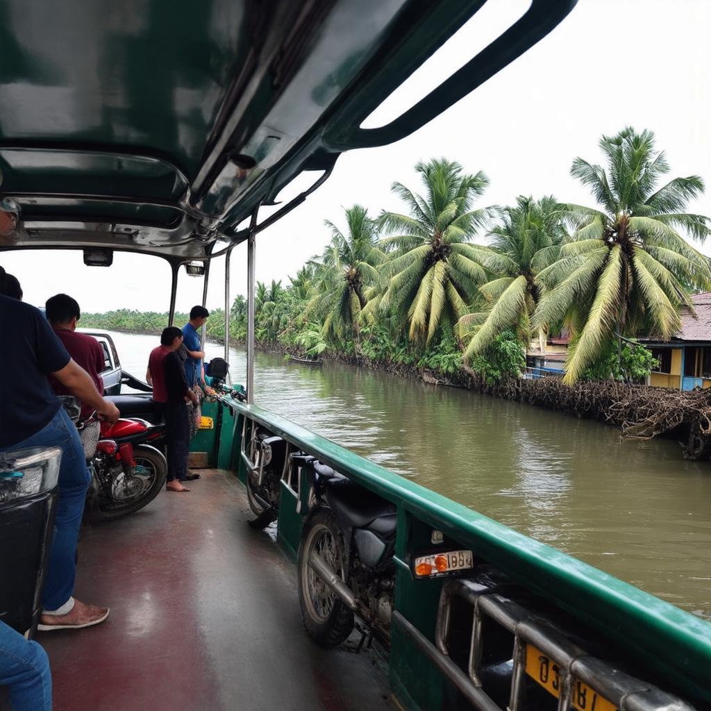 Cảnh hành khách và phương tiện qua sông trên Phà Bình Ninh, thể hiện nhịp sống miền Tây.