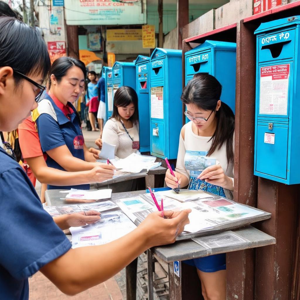 Khách du lịch trải nghiệm gửi bưu thiếp tại Bưu Điện Trung tâm TP. Hồ Chí Minh