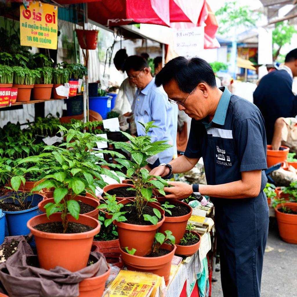 Khách hàng đang lựa chọn cây cảnh và chậu tại Chợ Cảnh Ngõ Phương Canh Nam Từ Liêm.