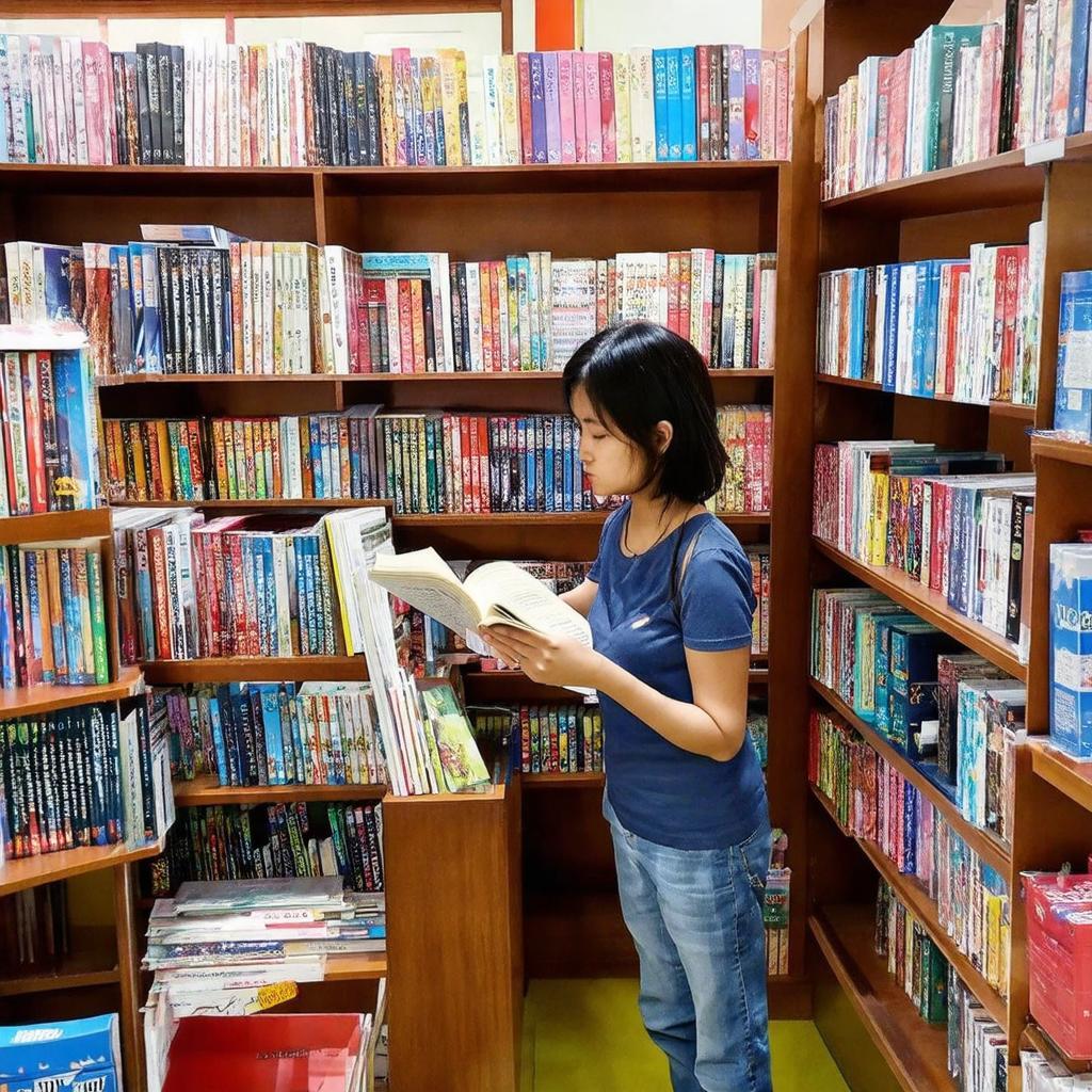 Khách hàng đang lựa chọn sách tại một kệ sách bên trong Nhà Sách Hùng Vương ở Mỹ Tho