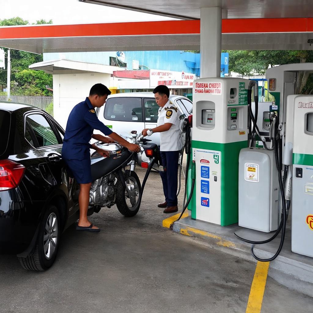 Khách hàng đang đổ xăng tại cây xăng Bồ Đề, trải nghiệm dịch vụ nhanh chóng, tiện lợi.