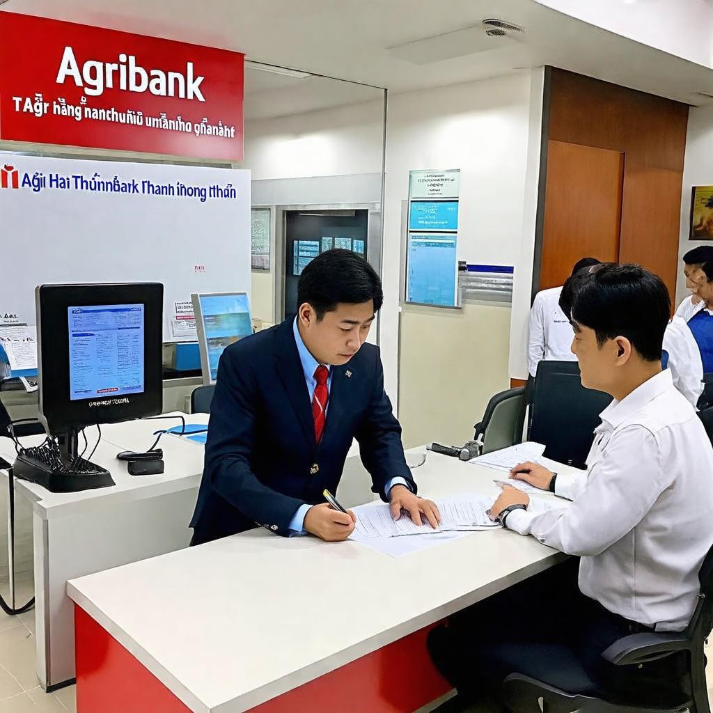 Một khách hàng đang được nhân viên tư vấn tại bàn giao dịch tại Agribank Hà Thành, 75 Phương Mai