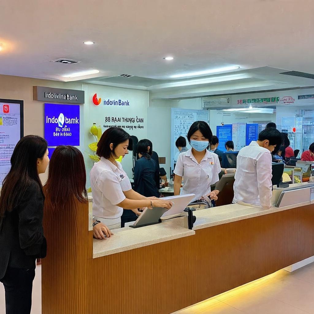 Khách hàng đang giao dịch với nhân viên tại quầy bên trong chi nhánh Indovina Bank 88 Hai Bà Trưng.