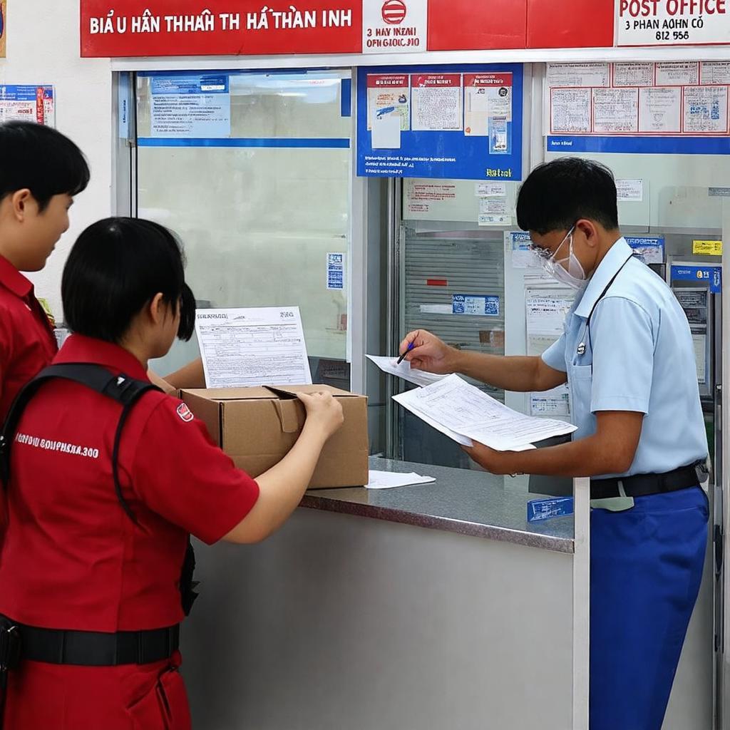 Khách hàng chuẩn bị gửi bưu phẩm tại quầy giao dịch Bưu điện Bình Thạnh