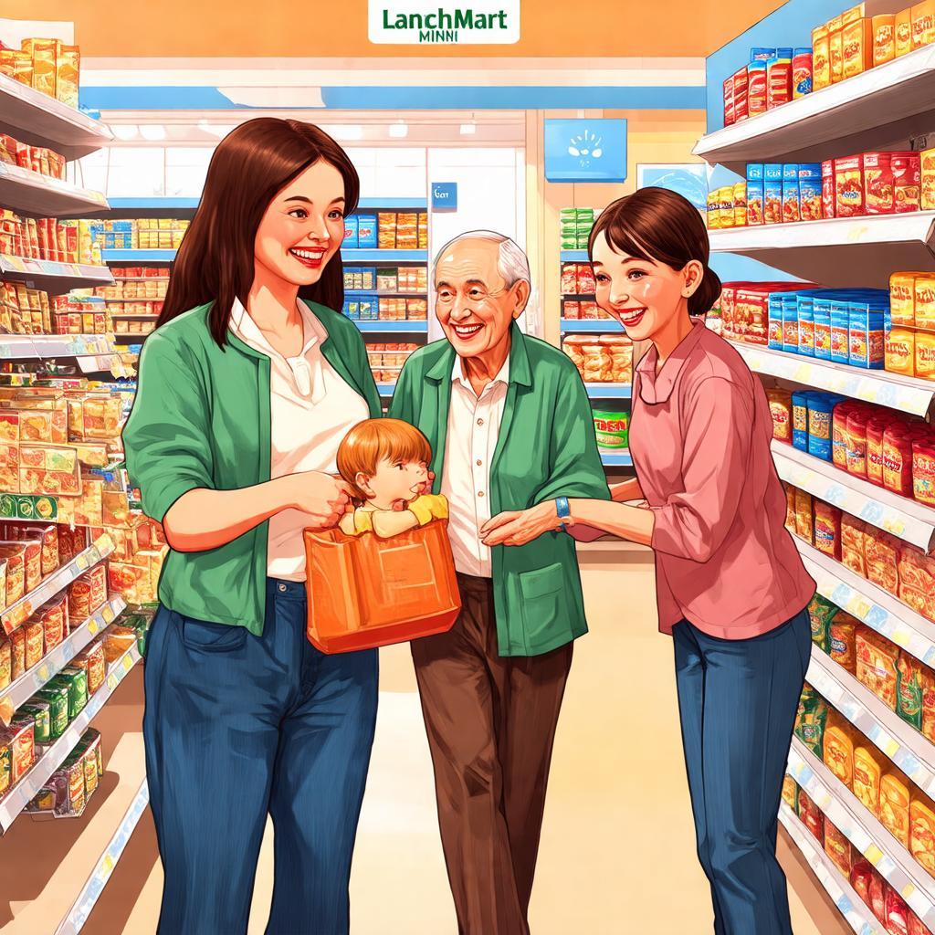 Khách hàng tươi cười hài lòng khi mua sắm tại Lanchi Mart Vũ Sơn, cửa hàng sạch sẽ, đa dạng mặt hàng.