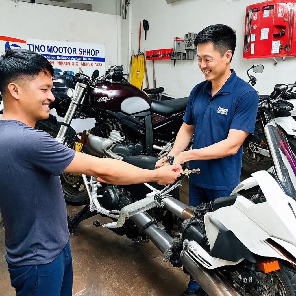 Khach hang hai long nhan xe da sua chua xong tai TinoMotor Shop, dia chi 33 Doan Thi Diem, Phu Nhuan