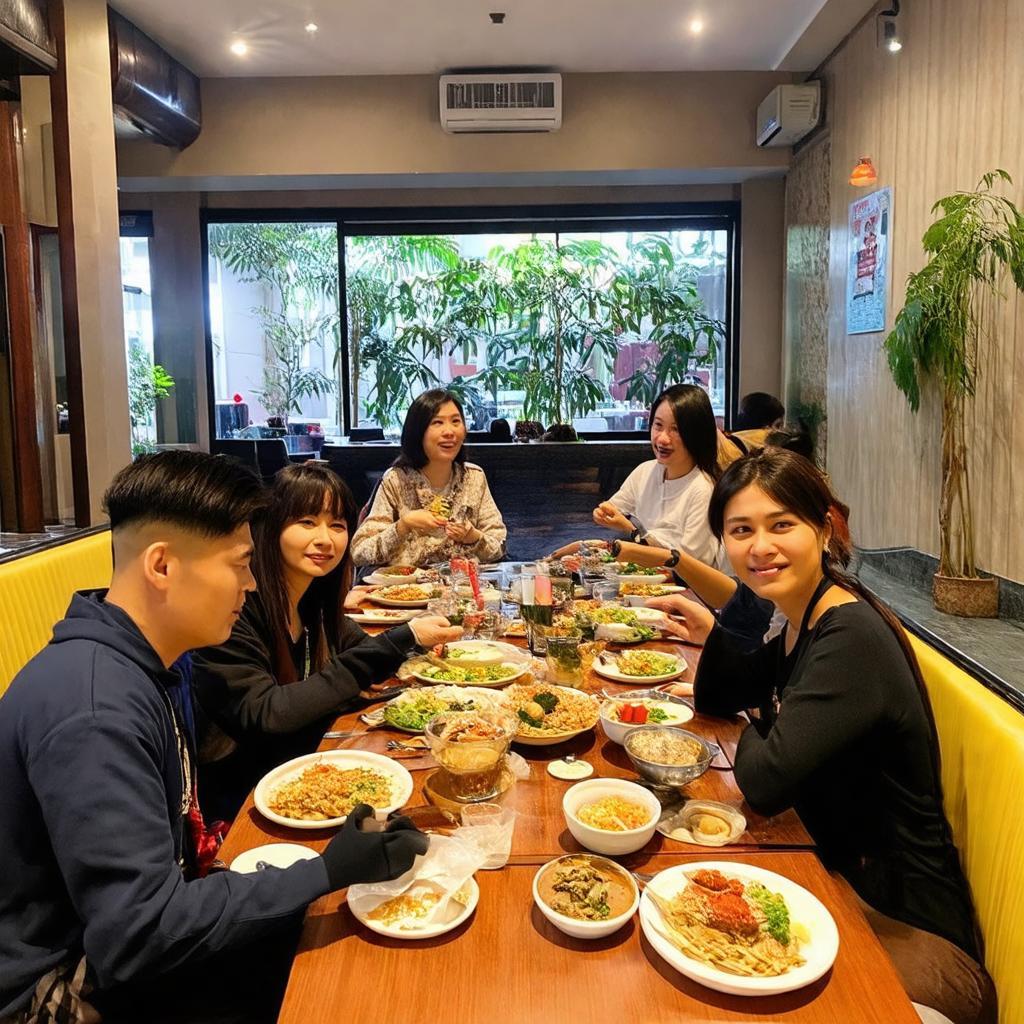 Hình ảnh khách hàng đang thưởng thức bữa ăn ngon miệng trong không gian thoải mái tại Nhà hàng Hương Việt, 22 Đỗ Đức Dục