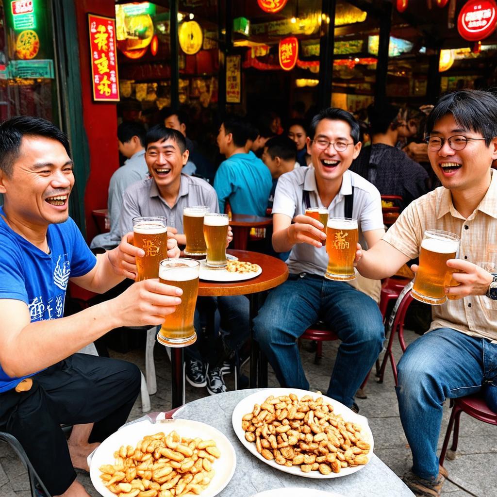 Khách hàng vui vẻ thưởng thức bia hơi tươi mát cùng đồ nhắm ngon miệng tại quán Hiếu Béo.