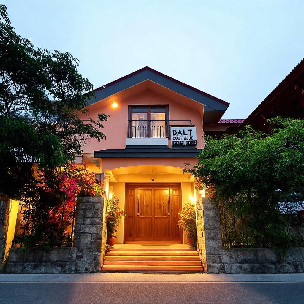 Ngoại thất Dalat Boutique PNP Hotel, Đà Lạt với kiến trúc đặc trưng sương mù, ấm cúng.