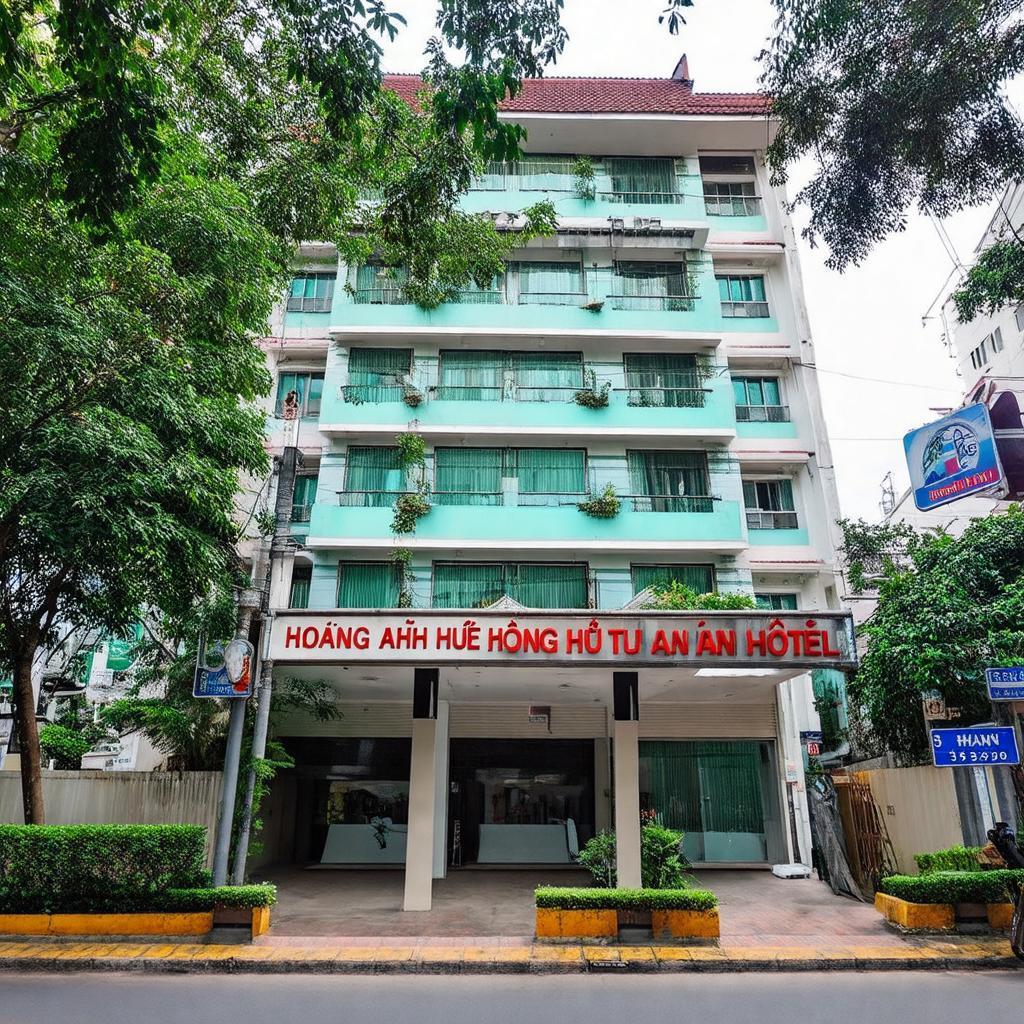 Ngoại cảnh Khách sạn Hoàng Anh Huế số 35 Phạm Văn Đồng, Vỹ Dạ, Huế, trên con đường sầm uất.