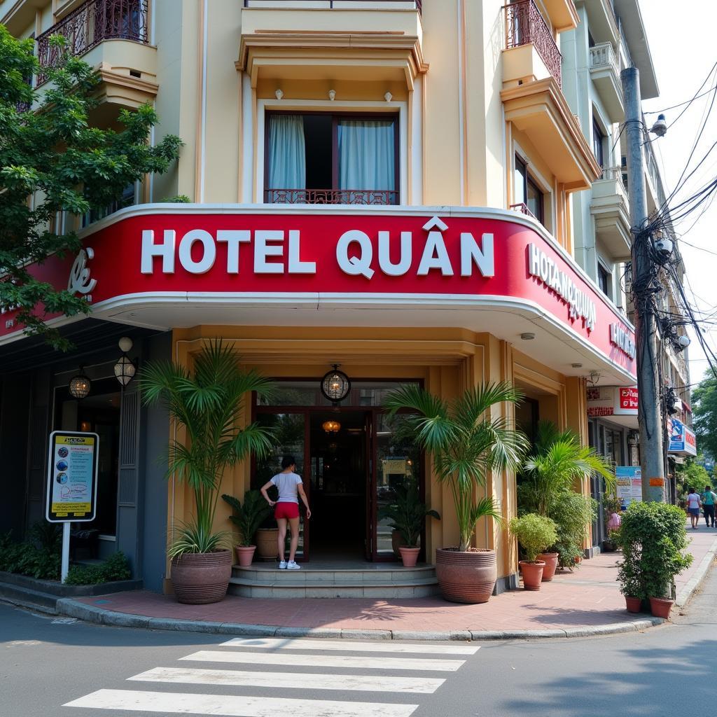 Ngoại cảnh Hotel Hoàng Quân tại số 26 Nguyễn Văn Lượng, Quận Gò Vấp, Hồ Chí Minh, cho thấy mặt tiền khách sạn