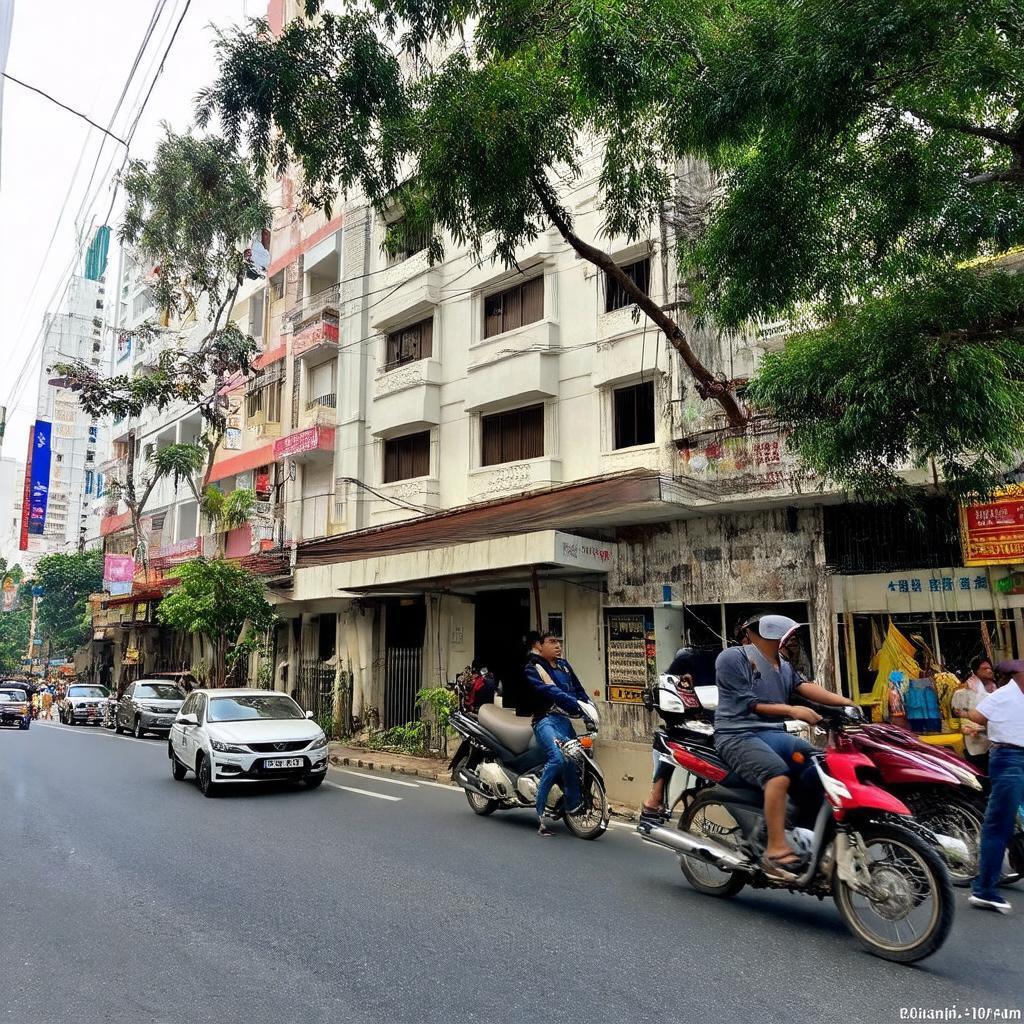Khách sạn Phú Đạt 807 Lê Hồng Phong Quận 10 nhìn từ mặt tiền đường sầm uất với giao thông nhộn nhịp.