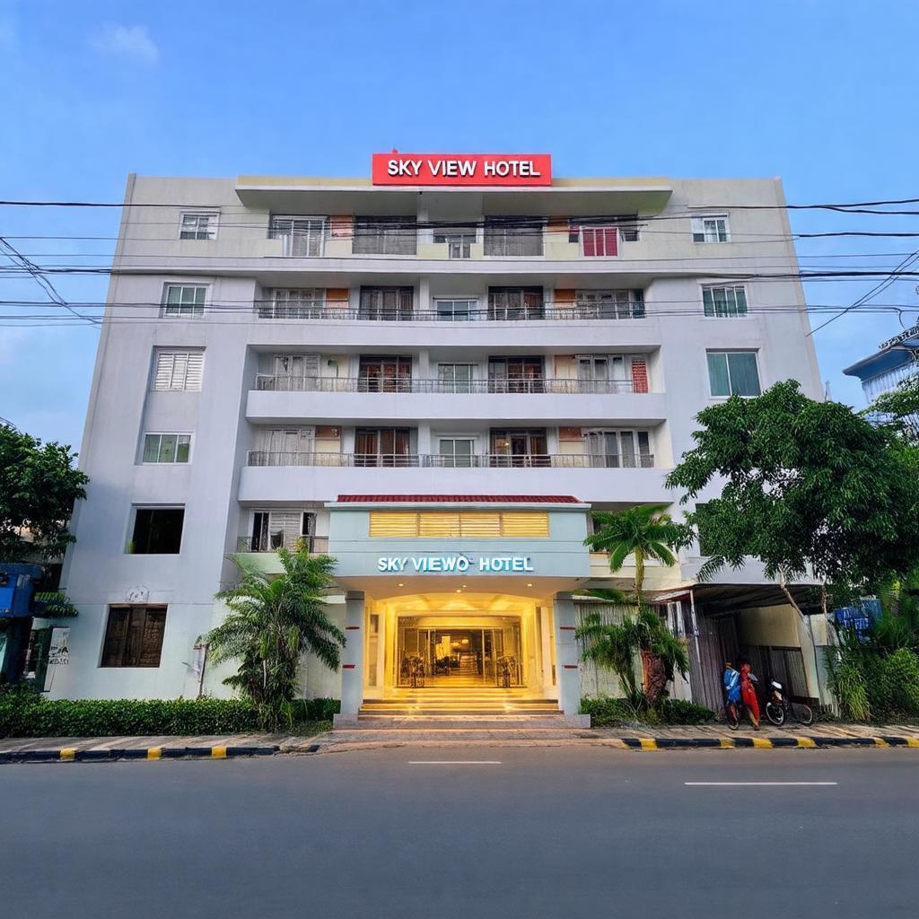 Ngoại thất hiện đại của khách sạn Sky View Cần Thơ tọa lạc tại địa chỉ 64D Trần Văn Trà, quận Cái Răng.