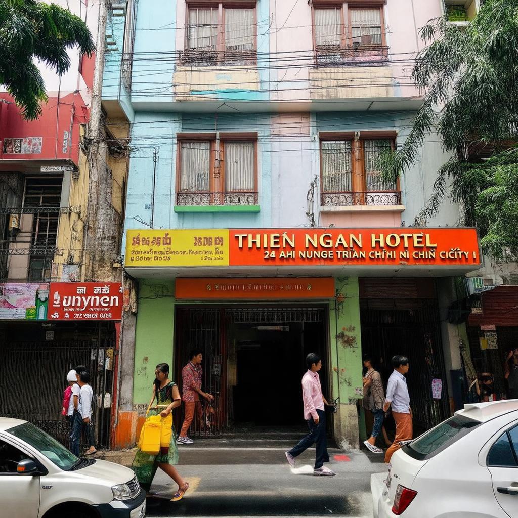 Hình ảnh mặt tiền Khách sạn Thiên Ngân 214 Nguyễn Trãi Quận 1 sầm uất giữa trung tâm Sài Gòn