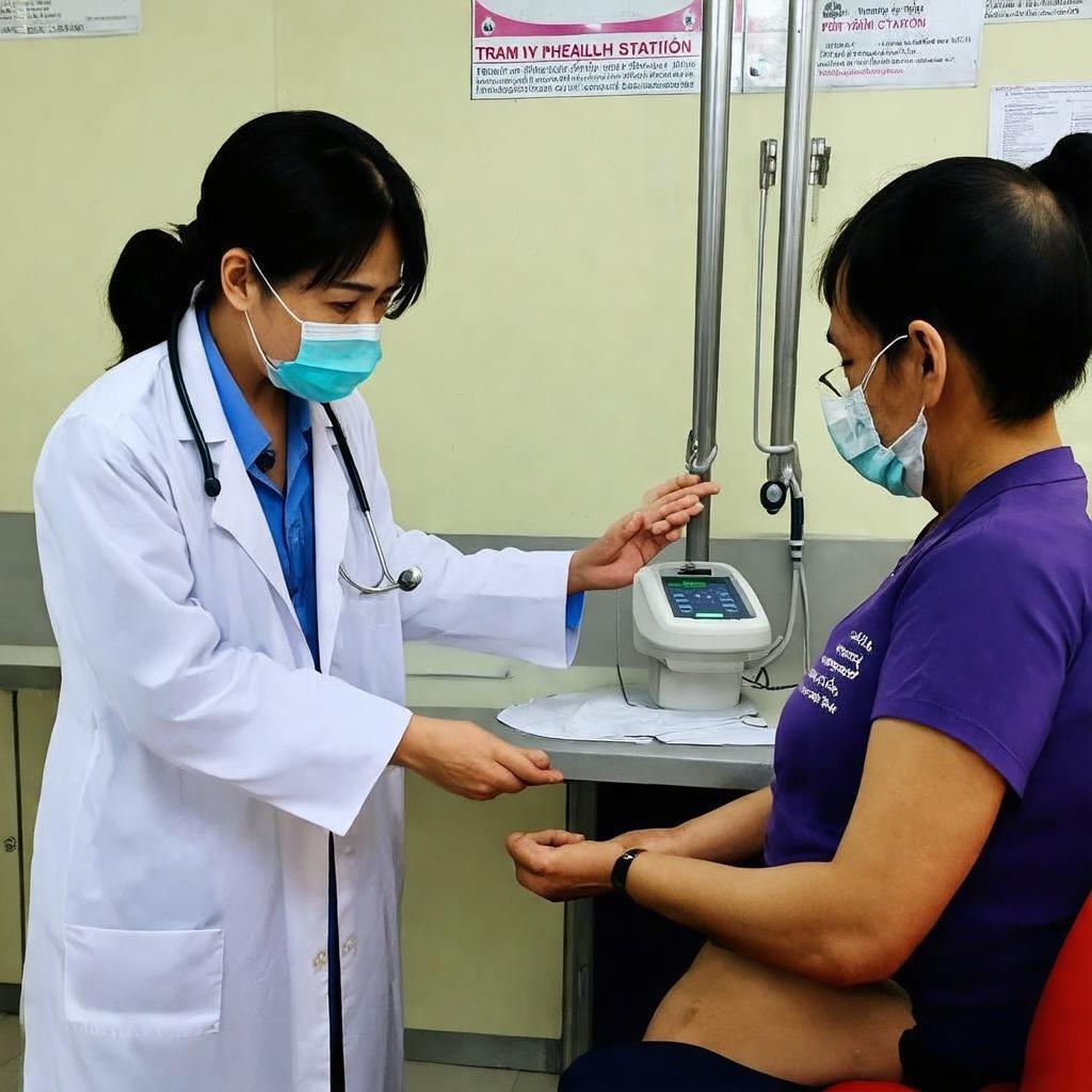 Y sĩ hoặc bác sĩ đang khám bệnh nhẹ cho người dân tại phòng khám của trạm y tế.
