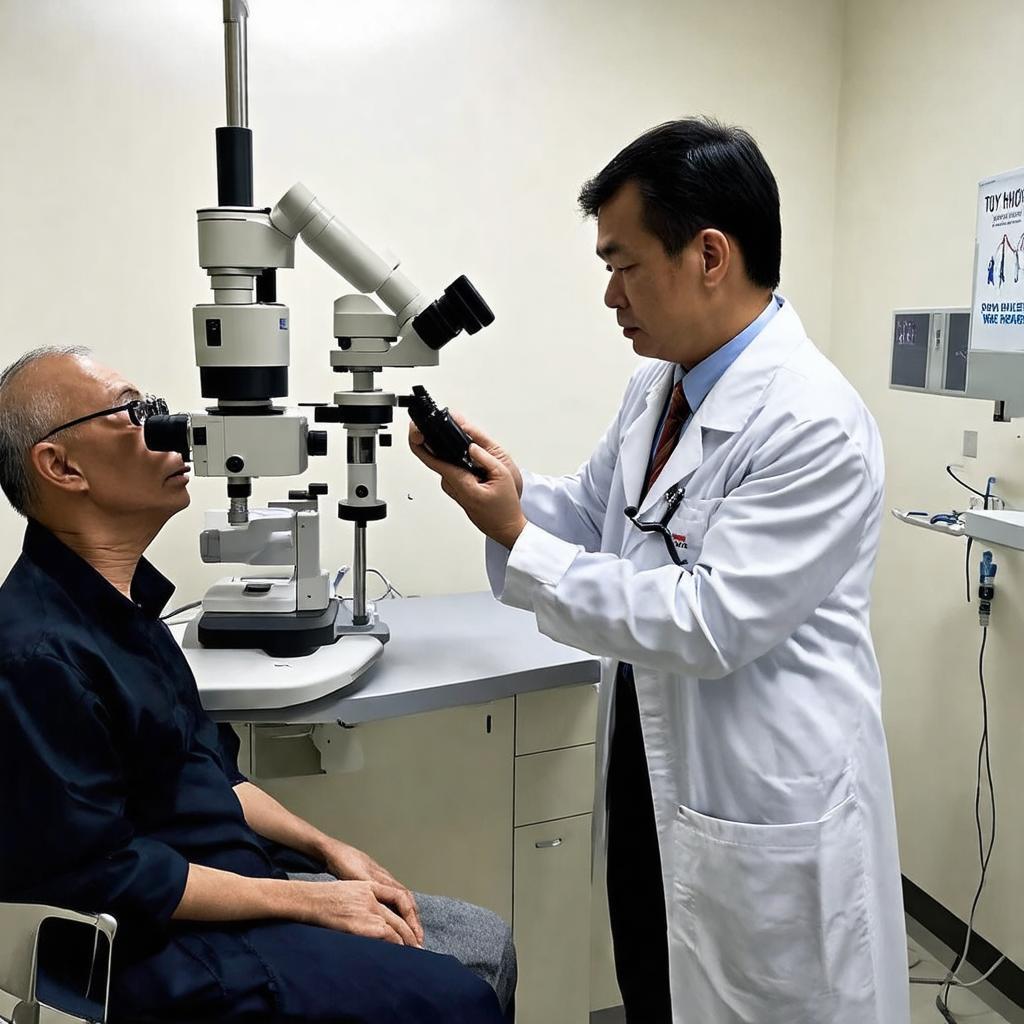 Bác sĩ đang khám mắt cho bệnh nhân tại phòng khám chuyên khoa ở Bệnh viện Mắt Tuy Hòa