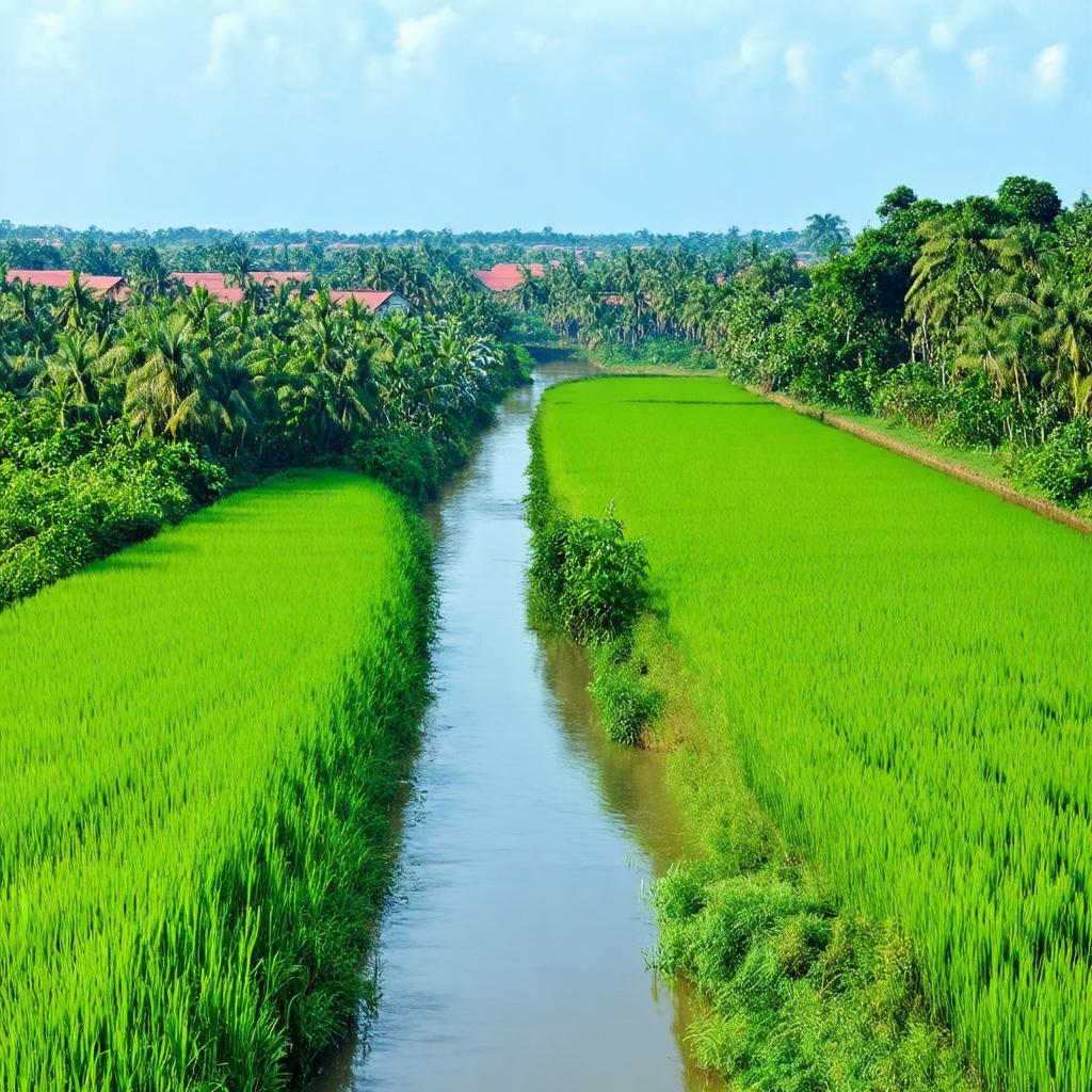 Cảnh quan mien Tay gan khu vuc Me Nam tai Cho Gao Tien Giang voi song nuoc va vuon cay xanh muot