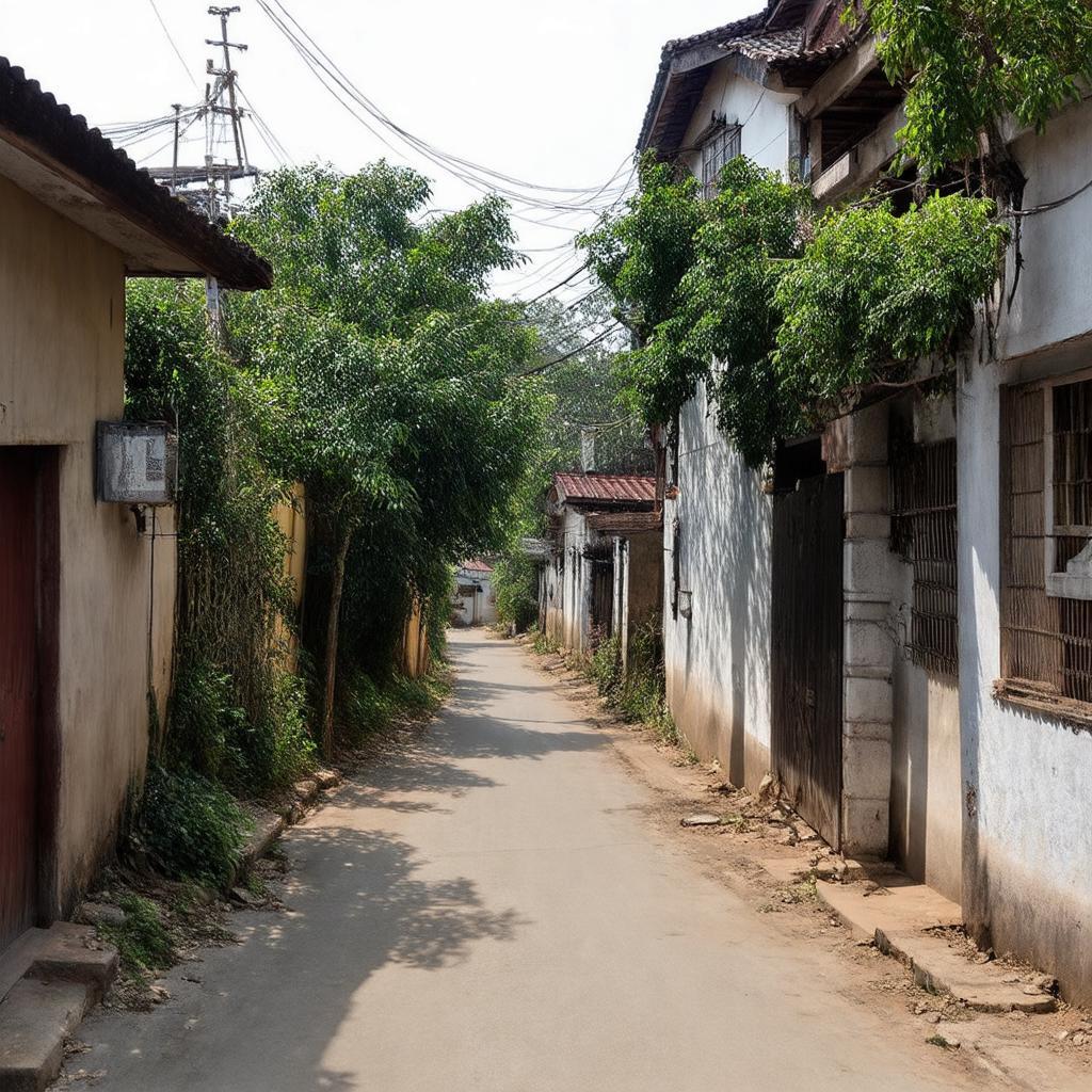 Khung cảnh yên bình trong ngõ làng Nhân Mỹ gần cổng làng cổ.