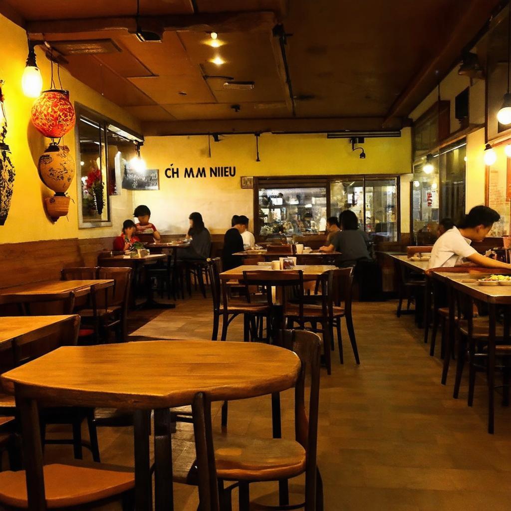 Không gian quán cơm niêu ấm cúng, mộc mạc với bàn ghế gỗ, đậm chất truyền thống.