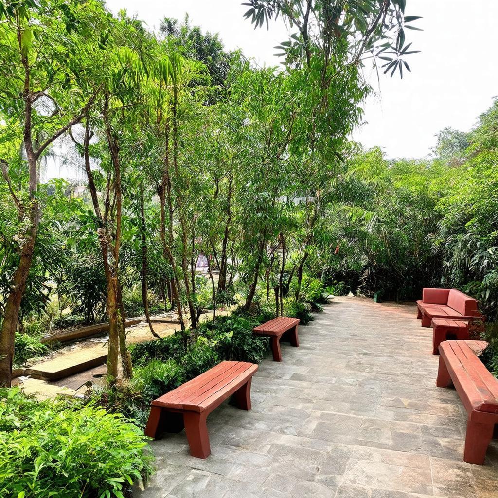 Góc vườn yên tĩnh và khu nghỉ ngơi thư giãn trong khuôn viên Đoàn An Điều Dưỡng 298 Long Hải
