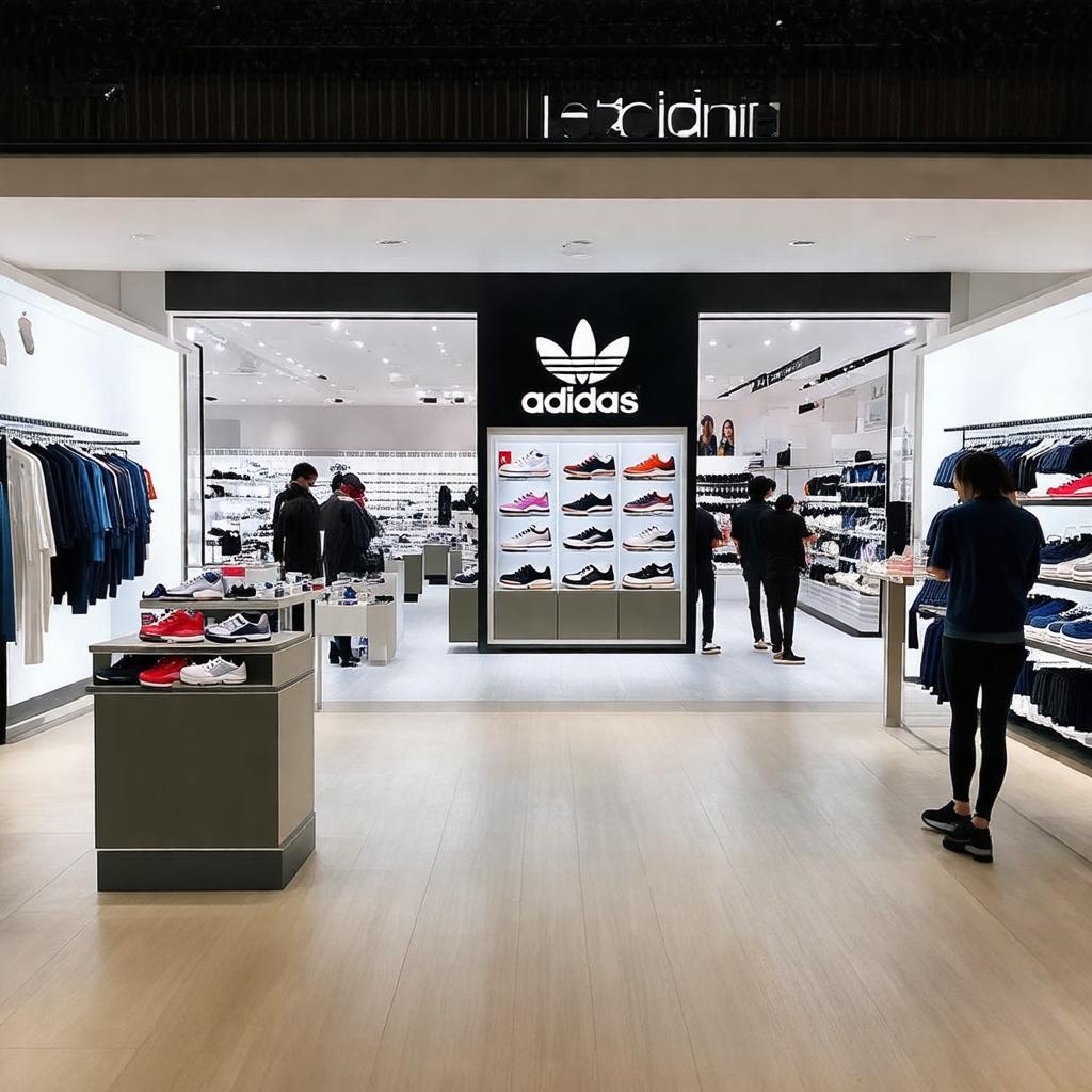 Không gian bên trong cửa hàng Adidas Lê Văn Sỹ với khu vực trưng bày sản phẩm khoa học, hiện đại.