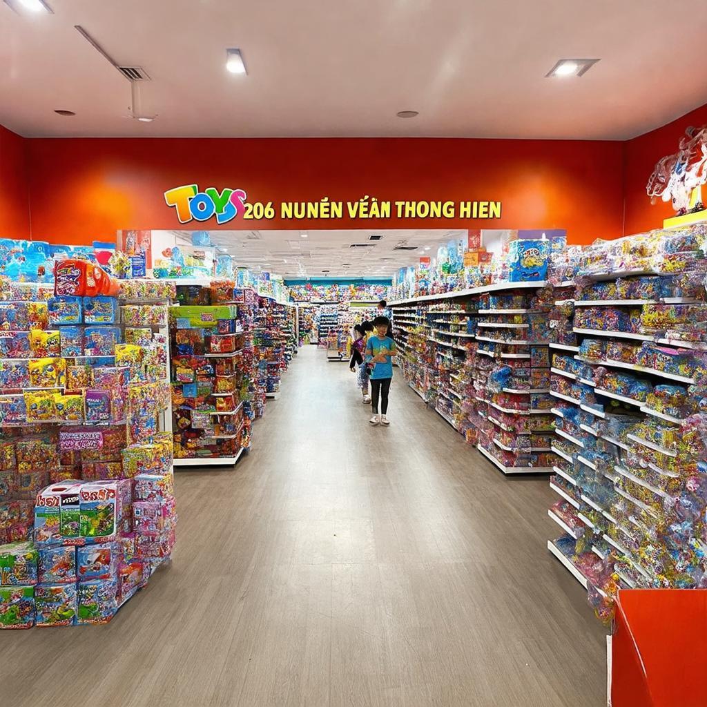 Bên trong cửa hàng đồ chơi Đồ Chơi Di Động 206 Nguyễn Thượng Hiền với kệ hàng khoa học và ánh sáng dịu nhẹ.