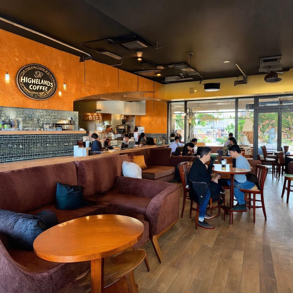 Không gian bên trong ấm cúng và hiện đại tại Highlands Coffee Tạ Uyên