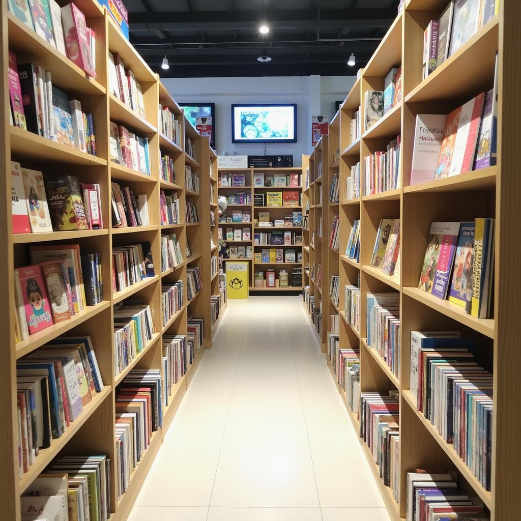 Bên trong nhà sách FAHASA Hóc Môn với các kệ sách đa dạng và khu vực văn phòng phẩm đầy đủ.