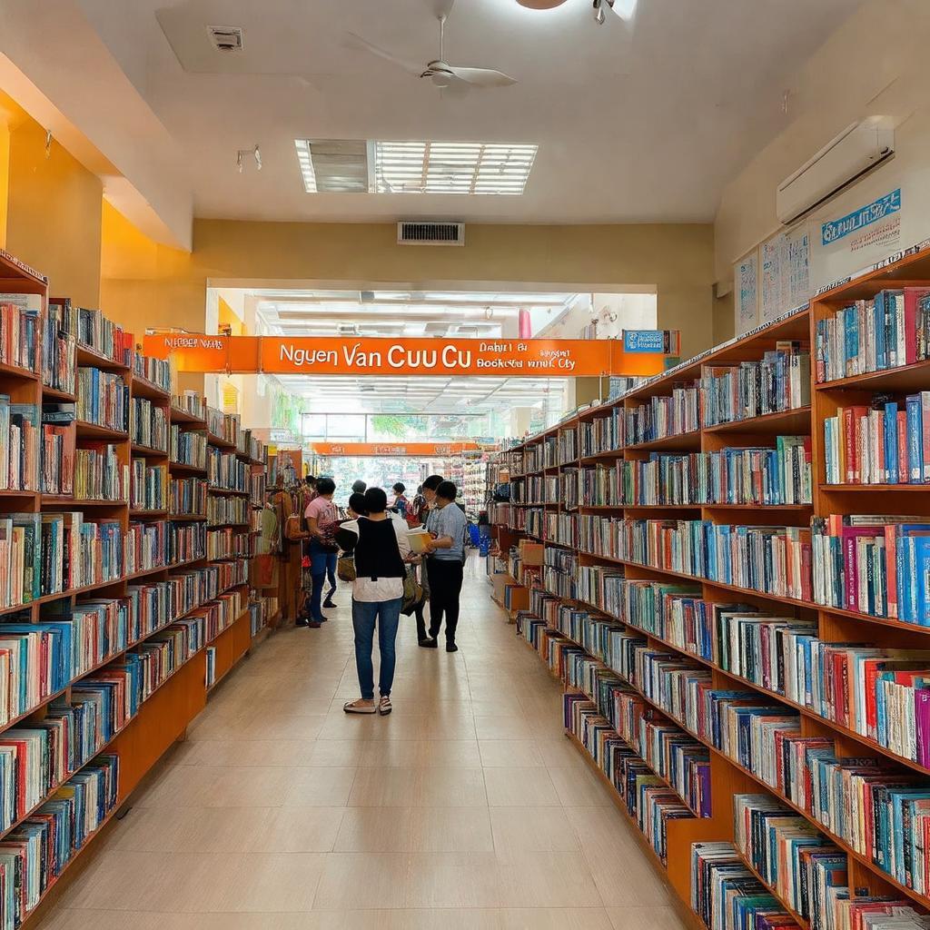 Ben trong Nha sach Nguyen Van Cu voi cac khu vuc sach da dang va sach ngoai van phong phu