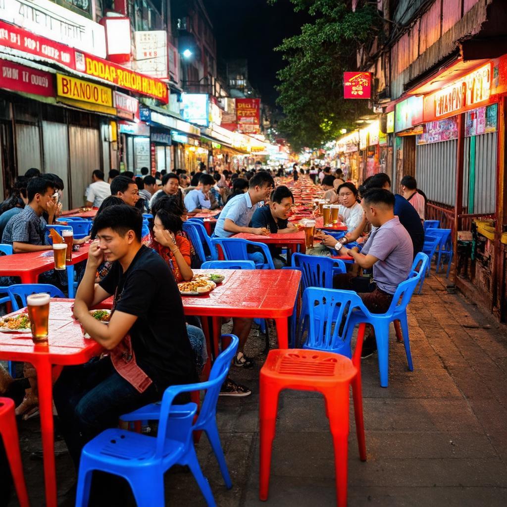 Quang cảnh quán bia hơi Cường Hói 1 Trích Sài đông đúc trên vỉa hè với bàn ghế nhựa.