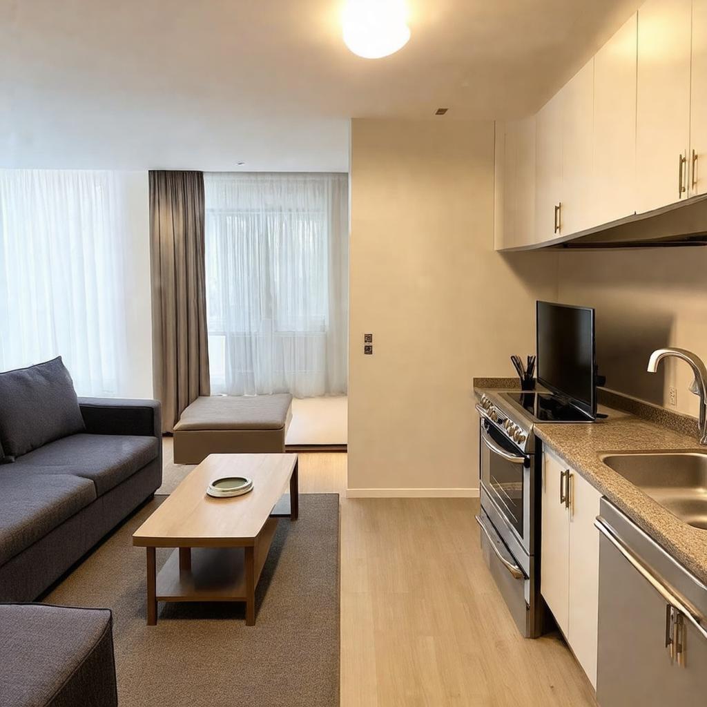 Không gian phòng khách và bếp nhỏ gọn, đầy đủ tiện nghi bên trong căn hộ The Stay Apartment Pleiku.