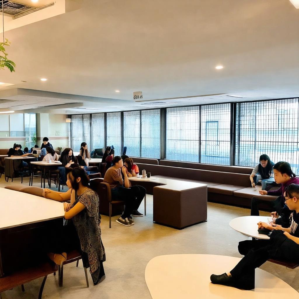 Không gian chung, khu vực sinh hoạt hoặc canteen hiện đại bên trong cơ sở HUTECH 475A Điện Biên Phủ dành cho sinh viên.
