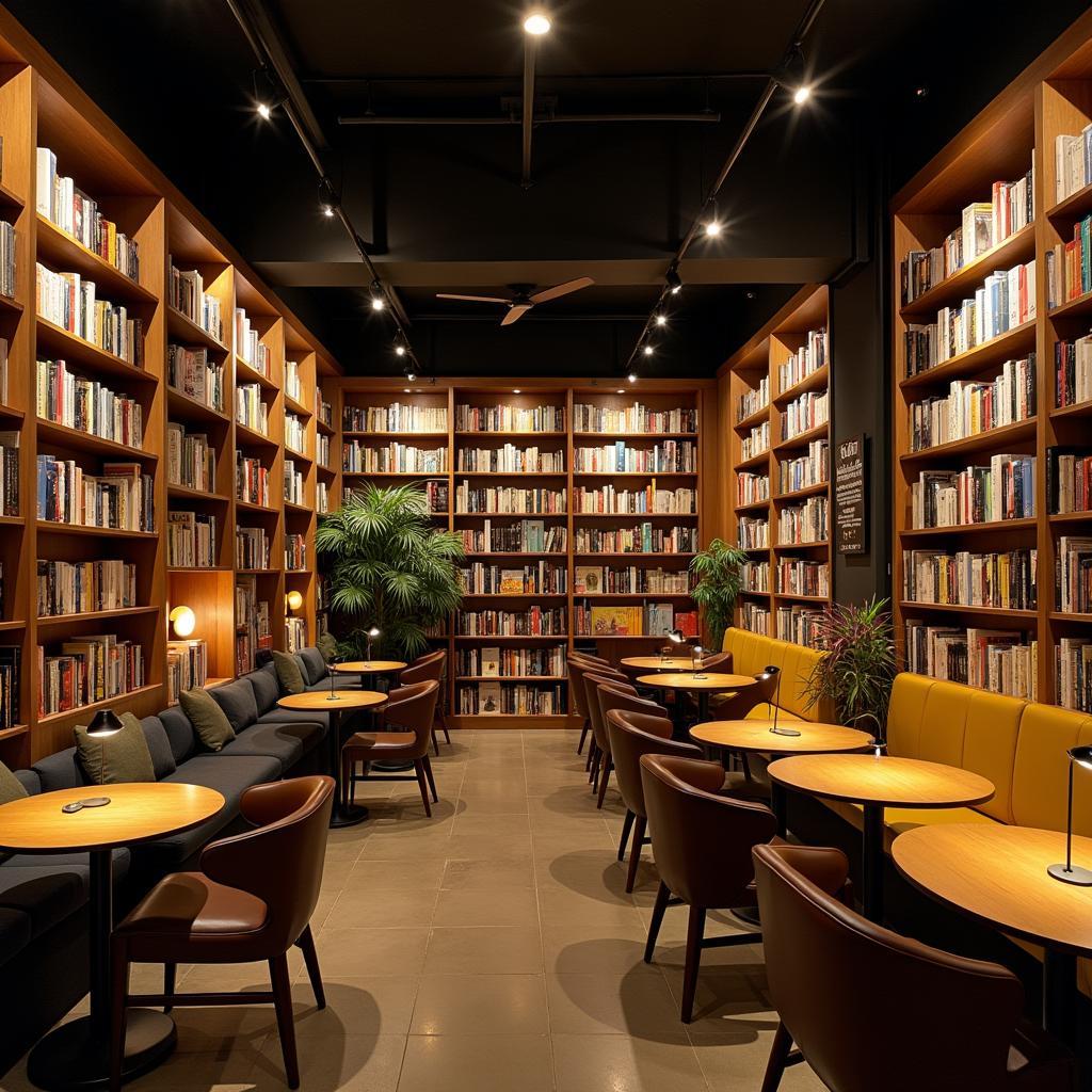 Không gian đọc sách yên tĩnh bên trong Bookafe 86 Lê Duẩn, TP Quy Nhơn, Bình Định với nhiều kệ sách và chỗ ngồi thoải mái