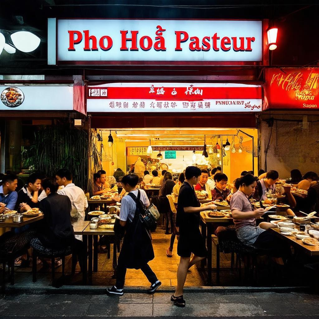 Khung cảnh đông đúc khách hàng đang thưởng thức phở tại Phở Hòa Pasteur, Sài Gòn