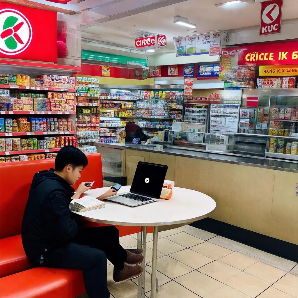 Khách hàng ngồi làm việc hoặc học tập tại khu vực chỗ ngồi của Circle K Điện Biên Phủ, gần Hàng Xanh.