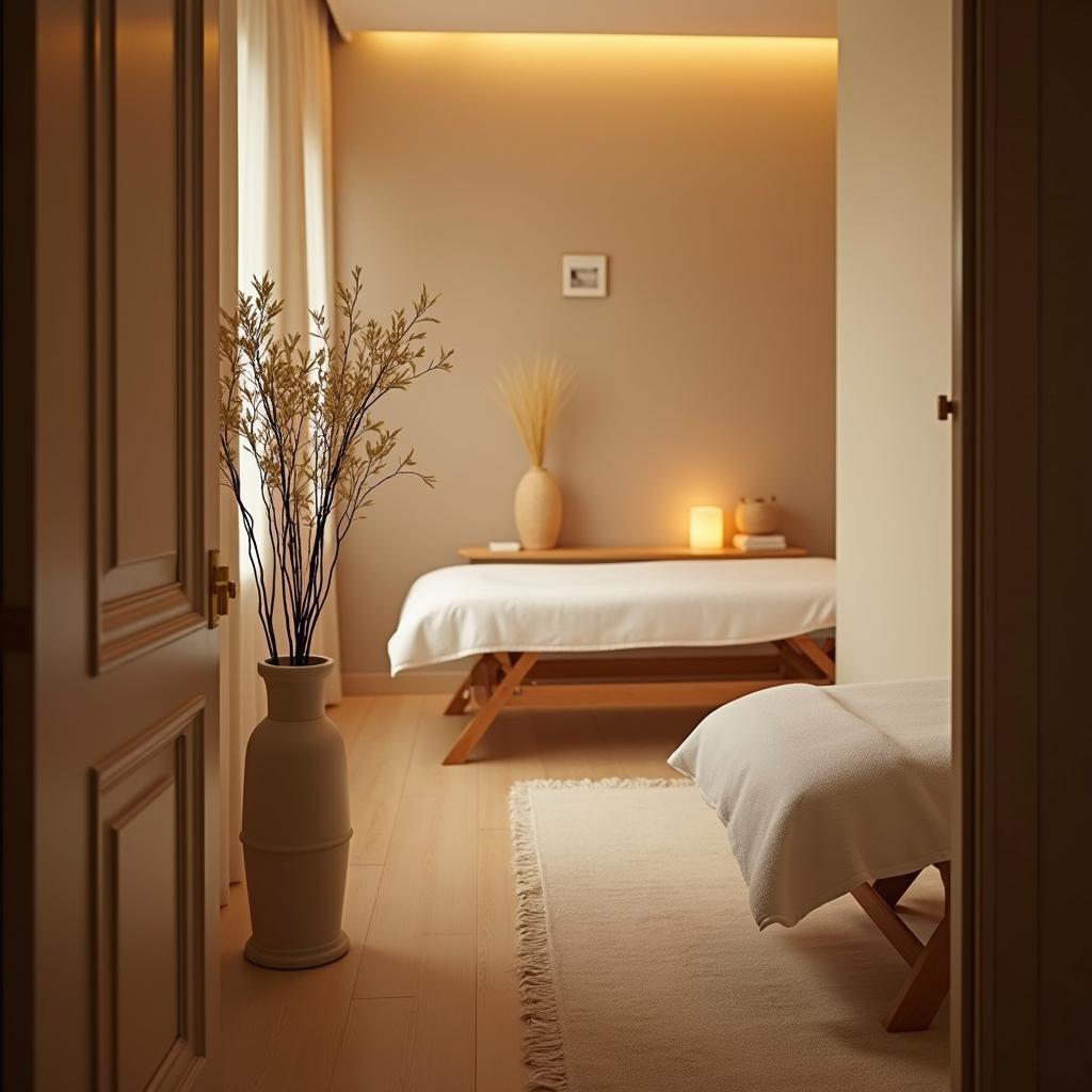 Không gian phòng massage yên tĩnh, sạch sẽ, mang lại cảm giác thư giãn, phục hồi năng lượng.